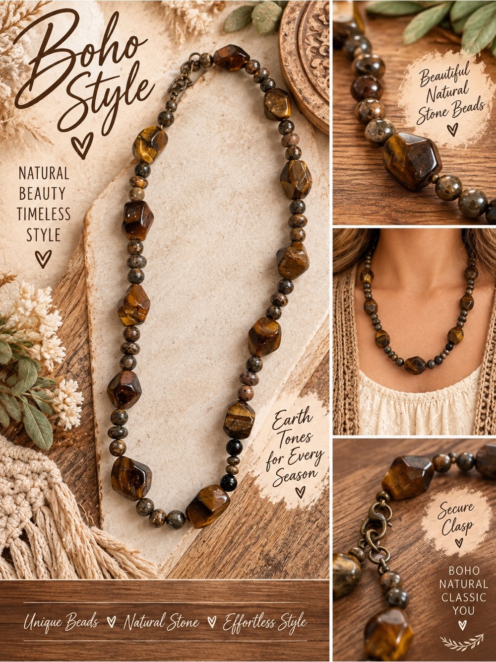 Boho Tiger Eye Beaded Necklace - Brown Natural Stone